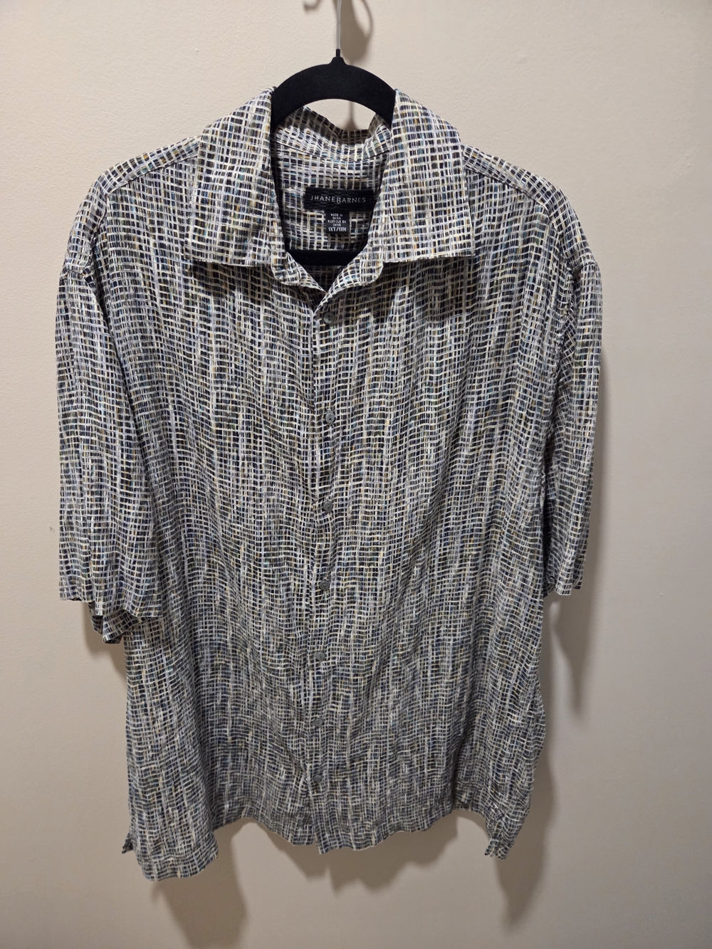 Jhane Barnes Green, Blue, White  SS Button-Down Shirt - Textured Grid, 100% Silk